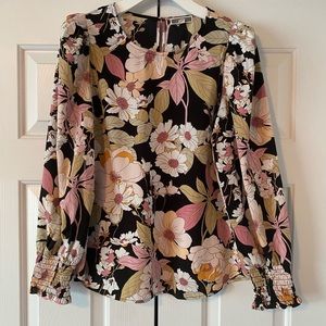 Anthropologie Pleione Black Long Sleeve Floral Top, M